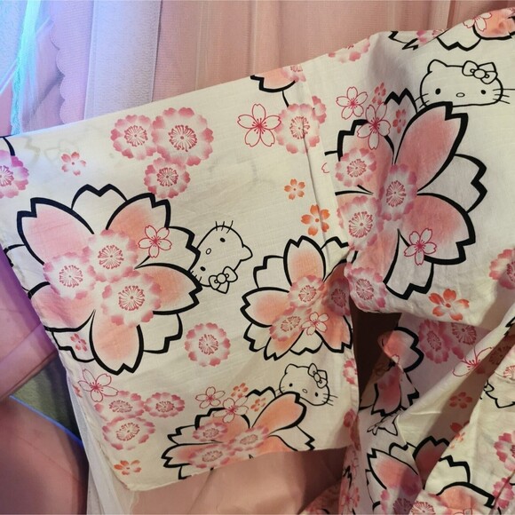 Rare Hello Kitty Pink Sakura Kimono Yukata Geta Women Robe Japan Vintage Retro - Picture 10 of 16